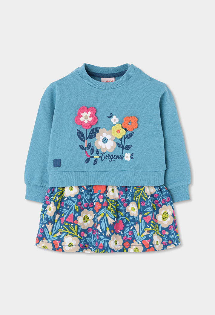 Girls Turquoise Floral Sweatshirt Dress