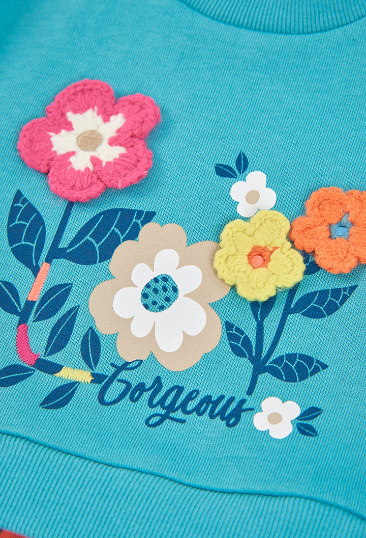 Girls Turquoise Floral Sweatshirt Dress
