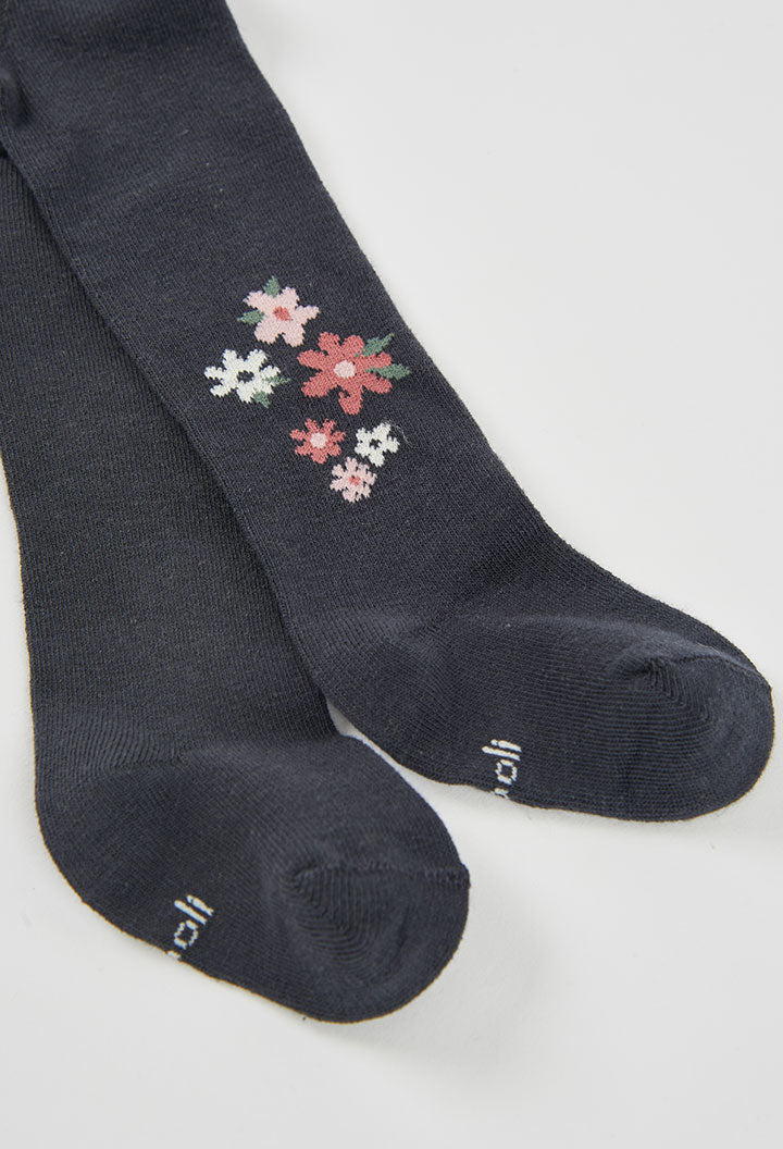 Girls Dark Grey Floral Tights