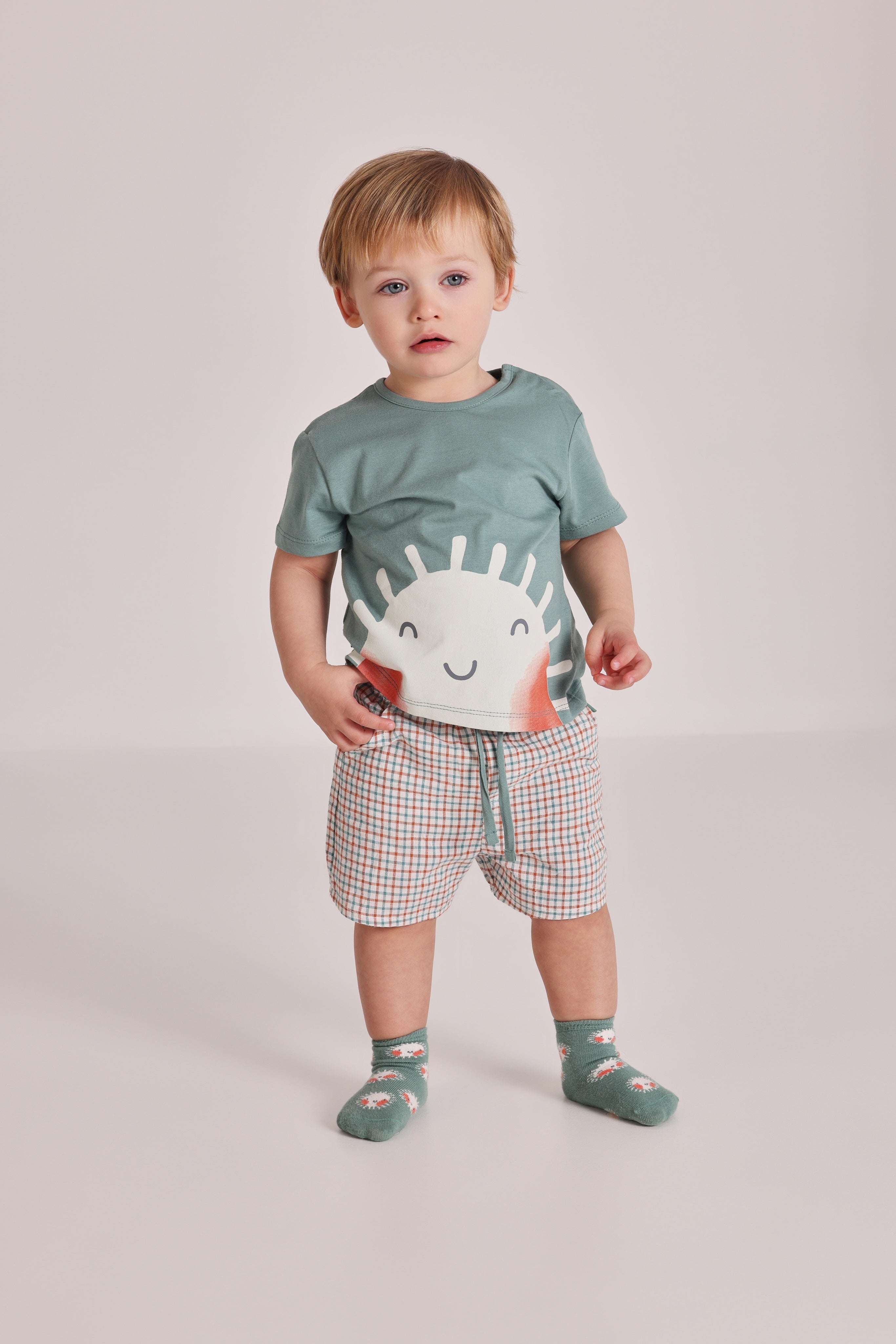 Baby Boys Green T-Shirt & Check Shorts Set