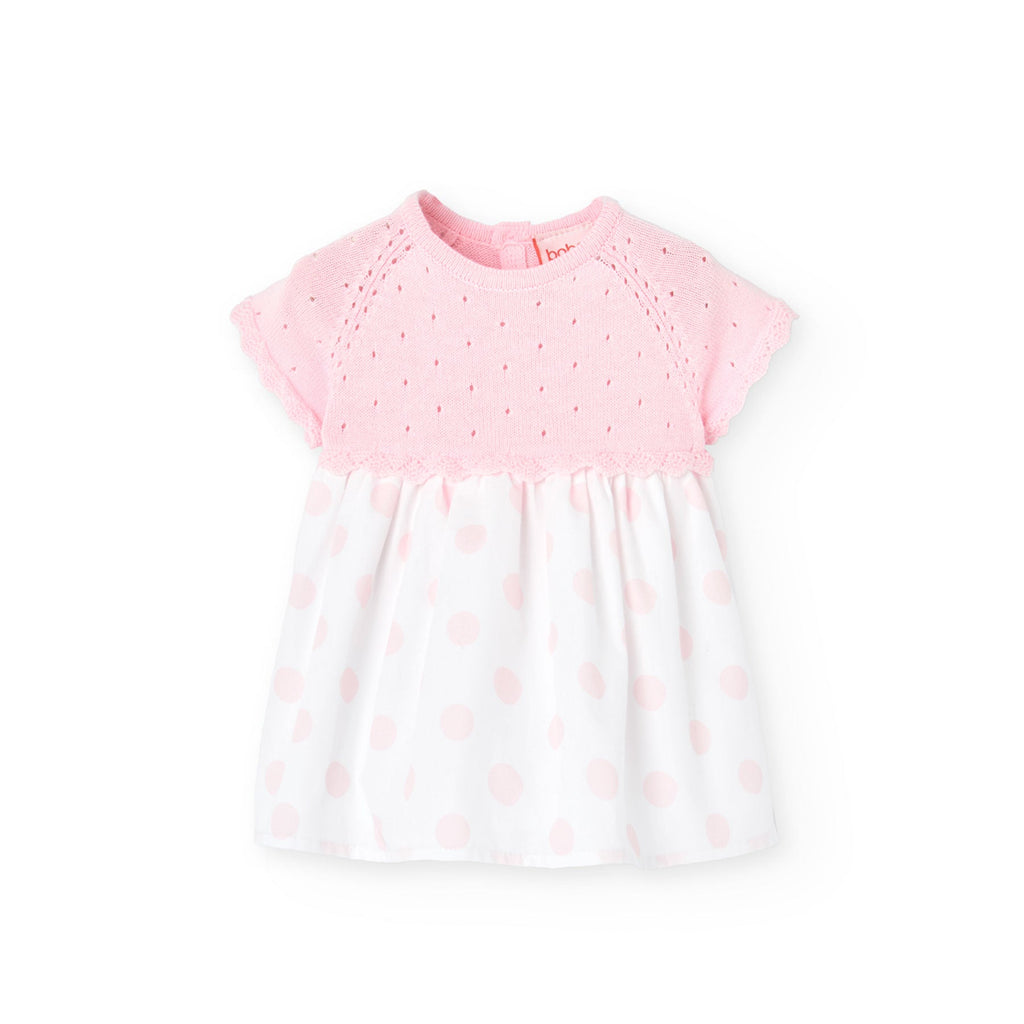 Baby girl pink knit cotton dress with polka dot skirt by Boboli
