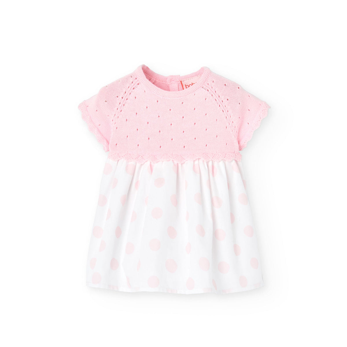 Baby girl pink knit cotton dress with polka dot skirt by Boboli