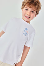 Boys White Cotton T-Shirt with Palm Print