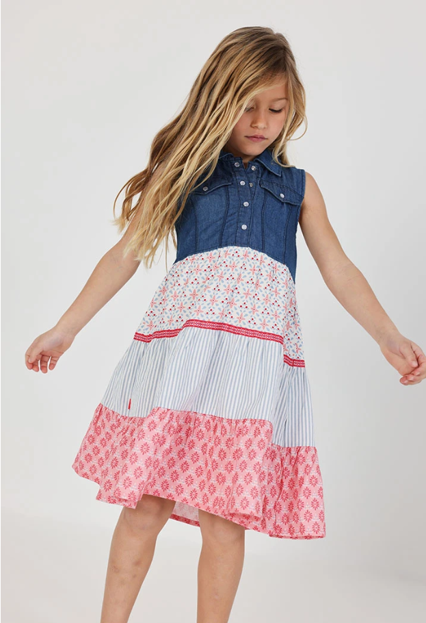 Girls Denim & Floral Patchwork Dress