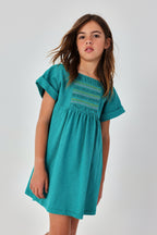 Girls Green-Blue Cotton Dress with Embroidered Detail
