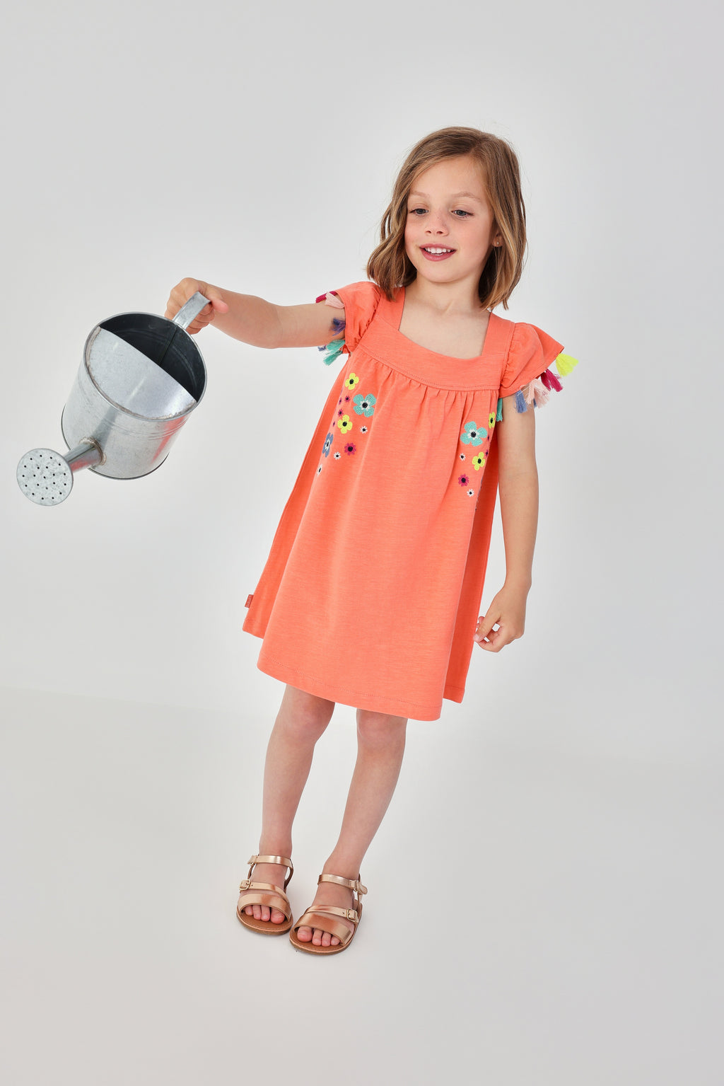 Girls Orange Cotton Dress with Embroidered Flowers