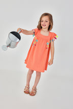Girls Orange Cotton Dress with Embroidered Flowers