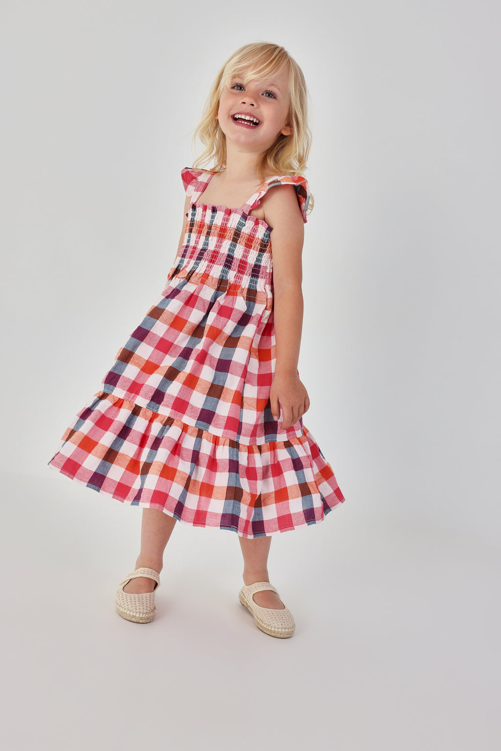 Girls Cotton Check Ruffle Dress