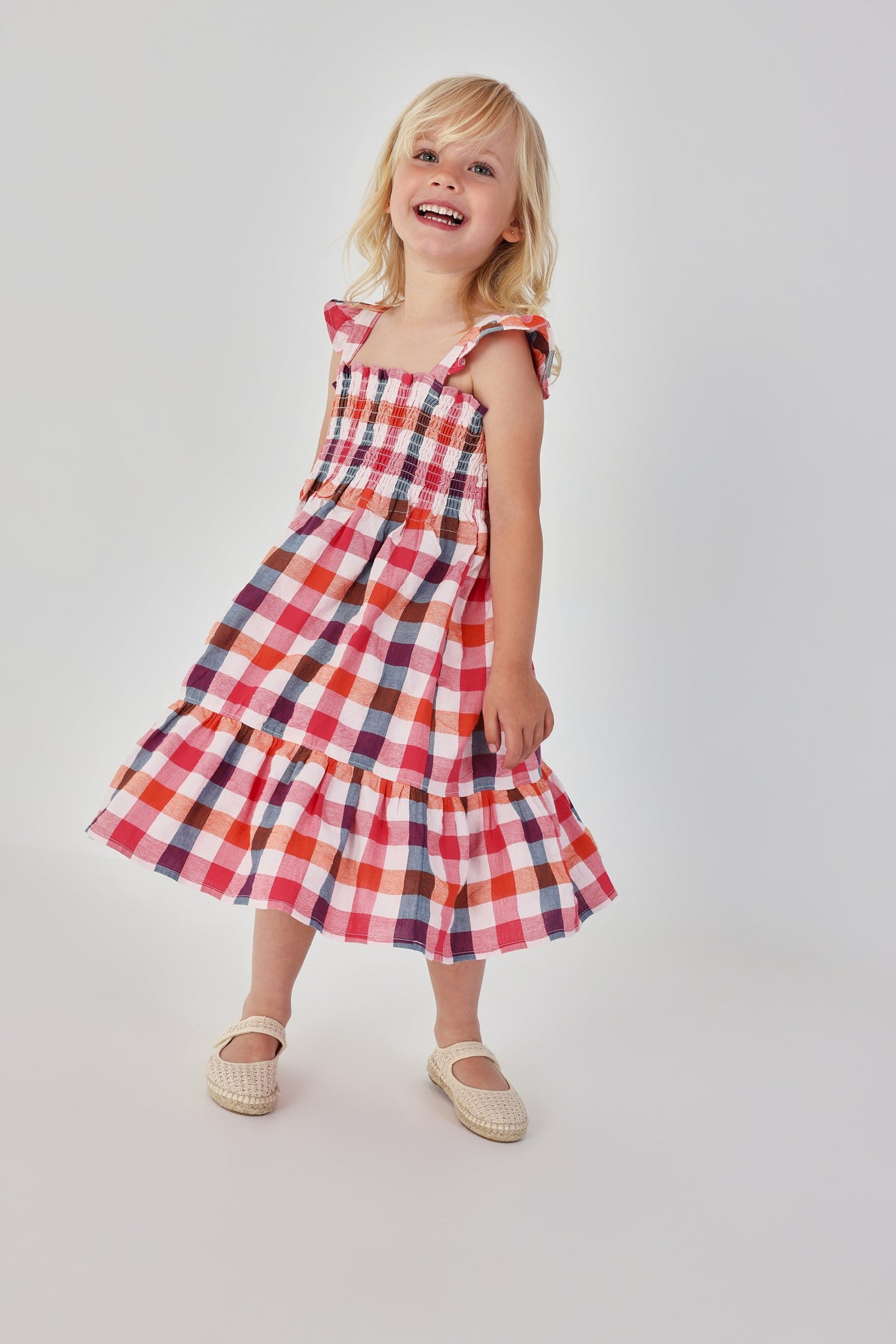 Girls Cotton Check Ruffle Dress