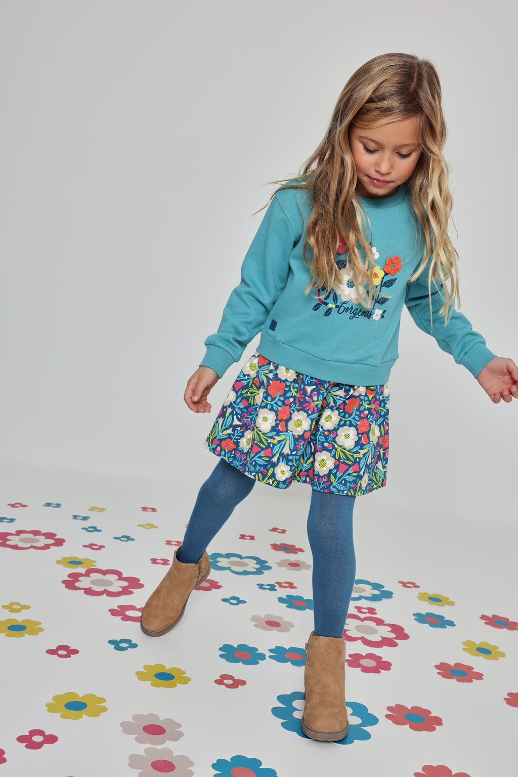 Girls Turquoise Floral Sweatshirt Dress