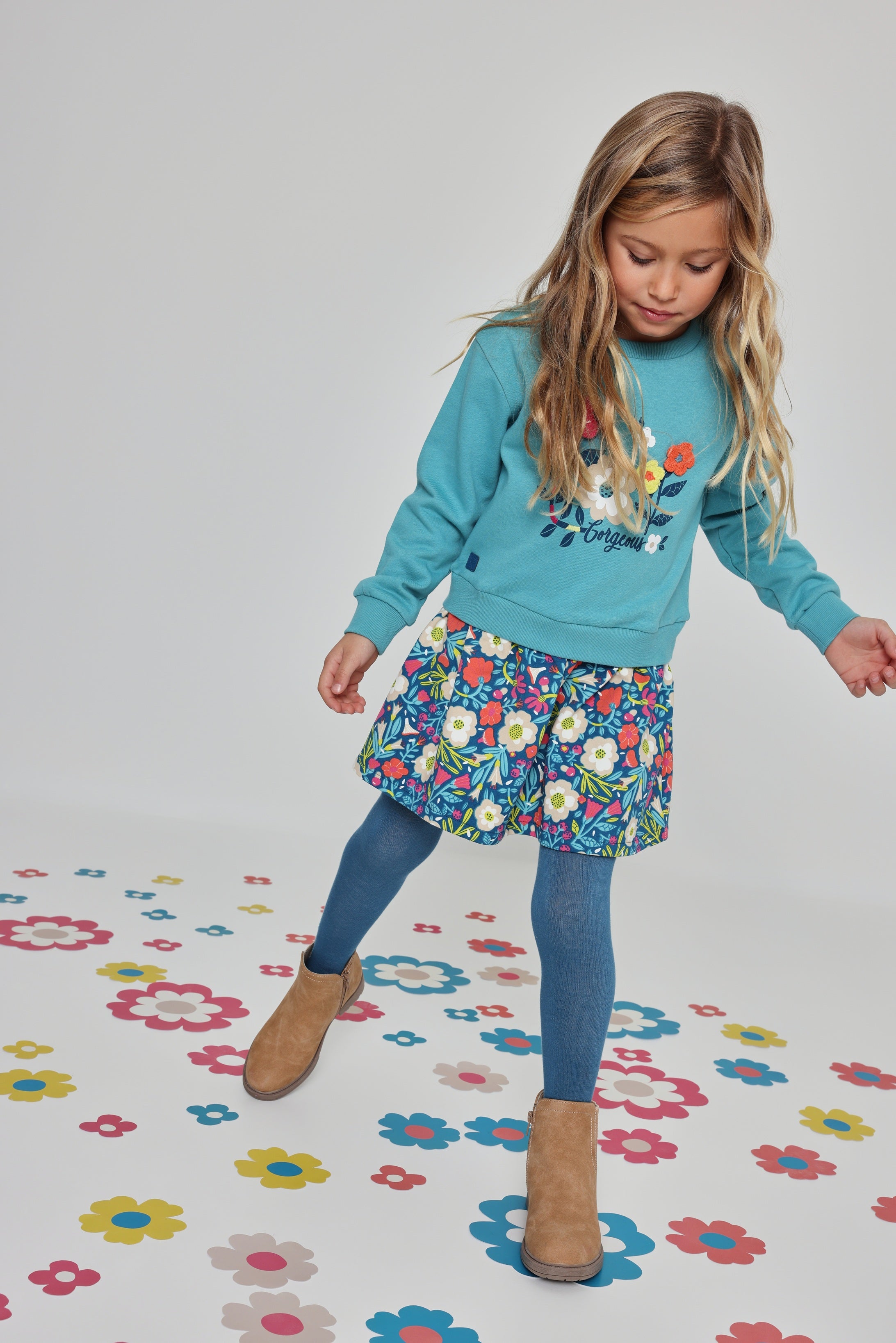 Girls Turquoise Floral Sweatshirt Dress