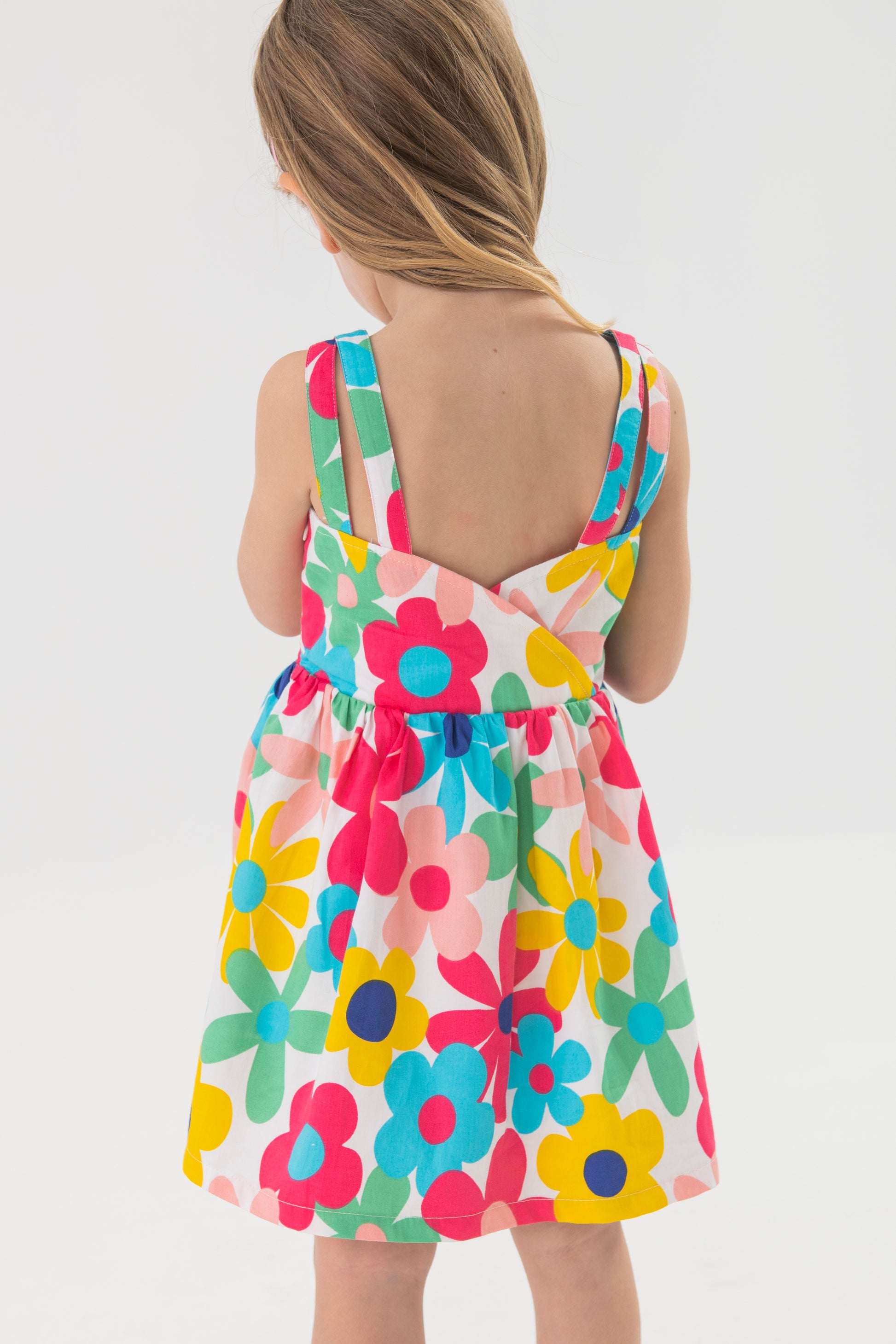 Satin dress with multi-colored floral print