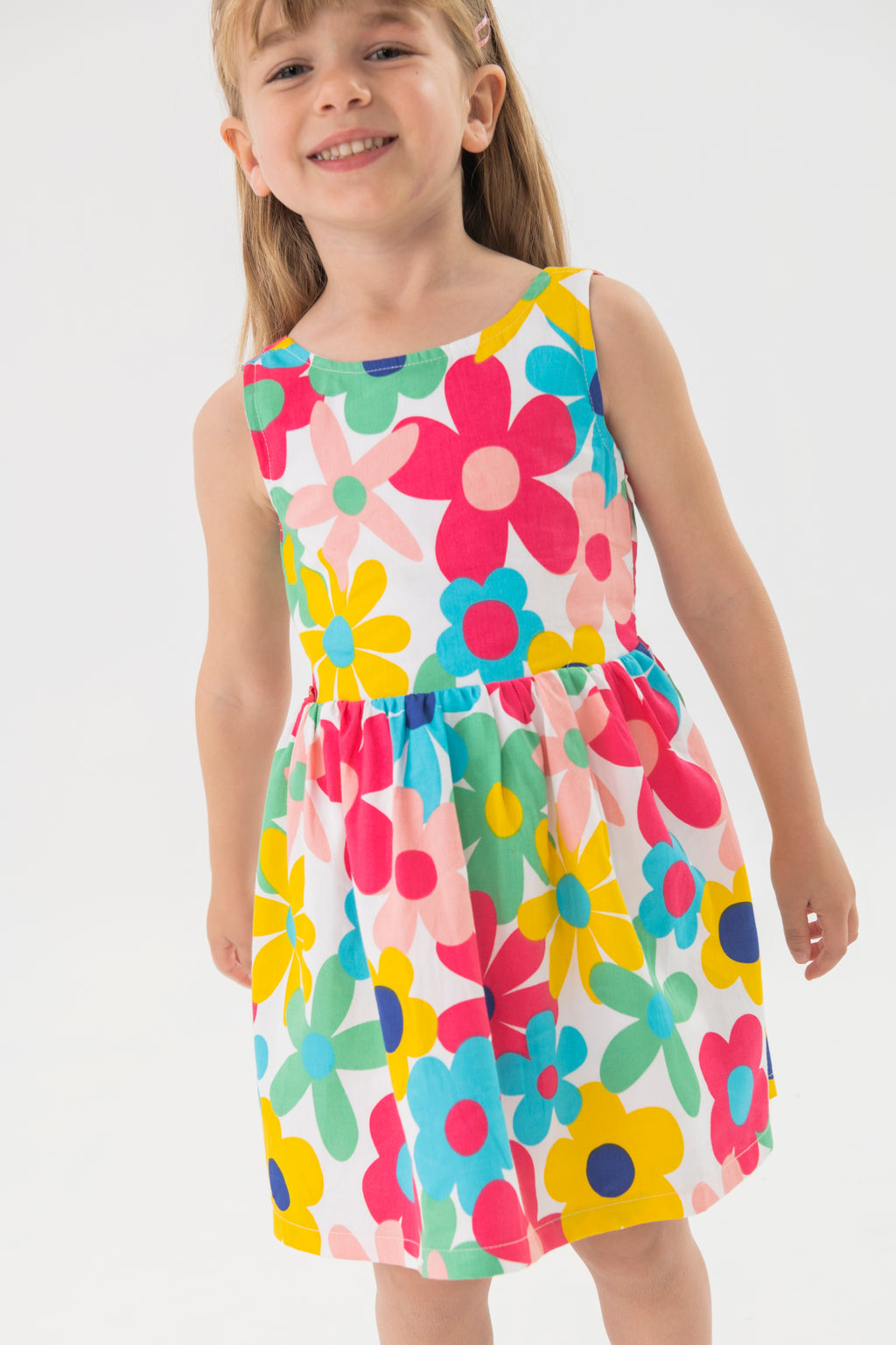 Satin dress with multi-colored floral print