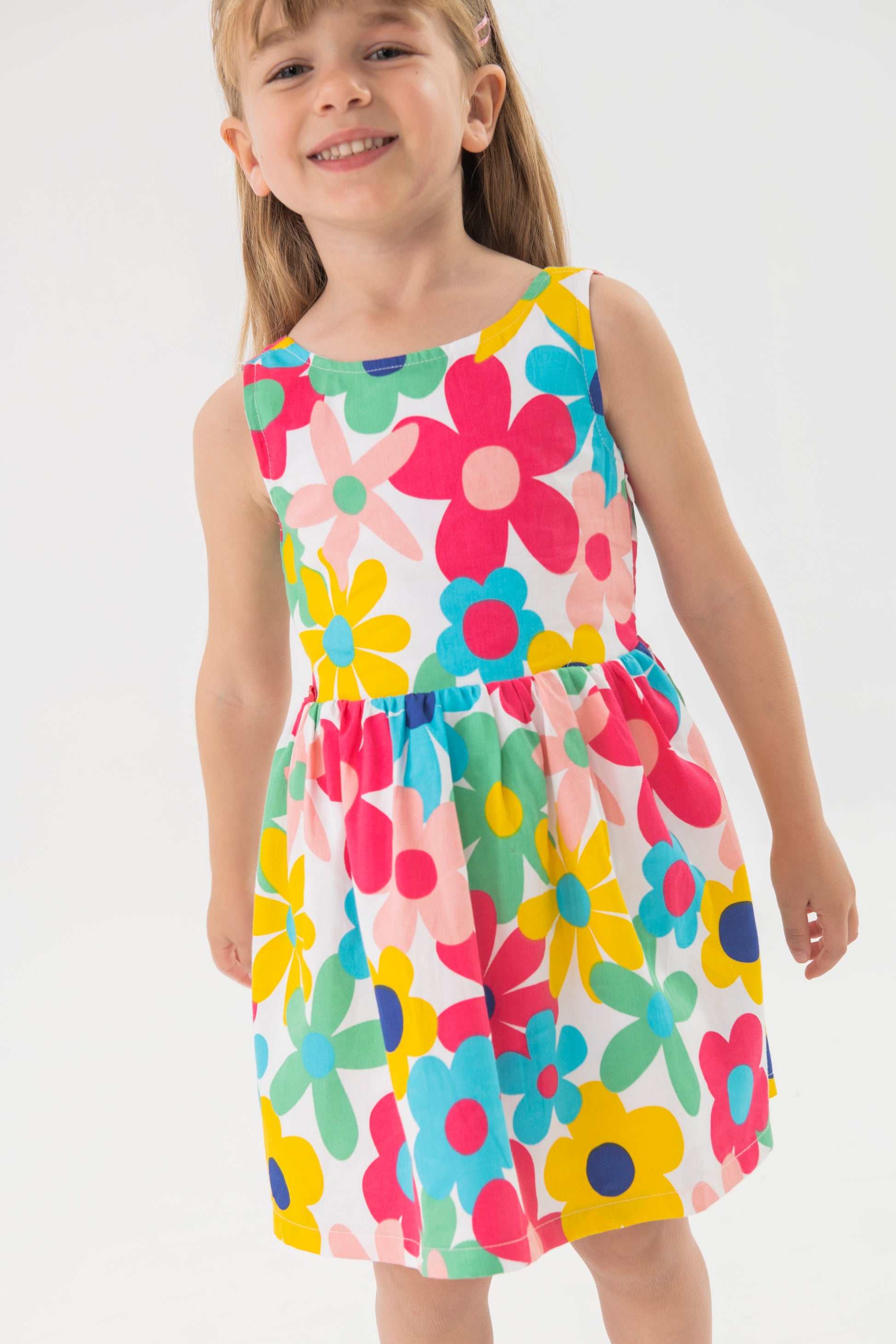 Satin dress with multi-colored floral print